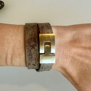 Leighelena Double Jigsaw Bracelet Taupe Leather Distressed Gold Tone